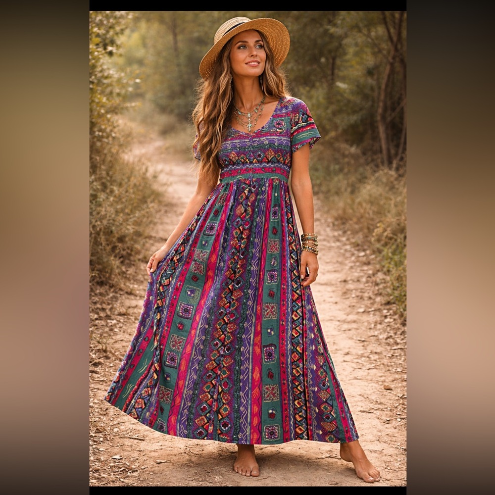 VTG Vibrant Multicolor Button down Midi Maxi Dress Size L